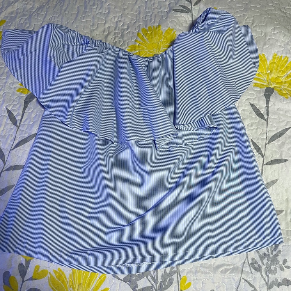 SHEIN Plus striped ruffle trim off shoulder top